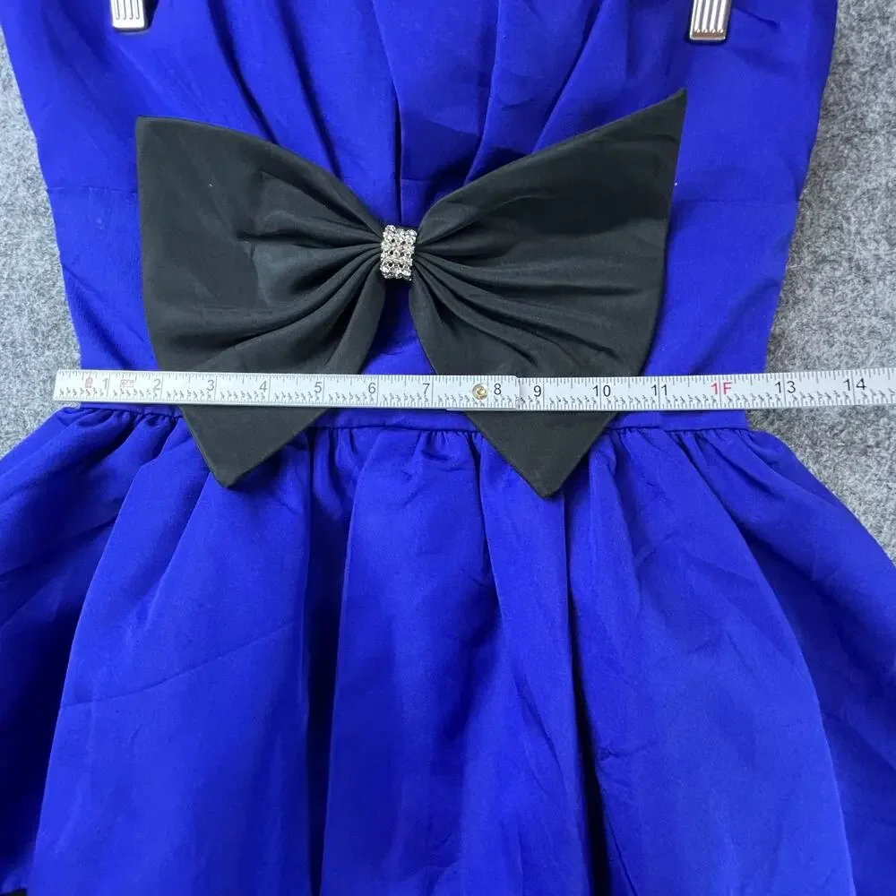 VTG Darcy 80s Peplum Cocktail Party Dress Small Blue‎ Black Bow Glam Statement